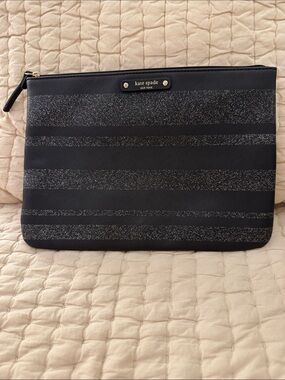 kate spade Black Glitter Stripe Zip Pouch with Gold Logo
